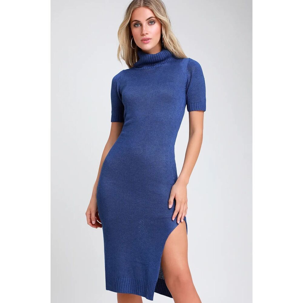 NWT LULUS Coffee Date Royal Blue Turtleneck Midi Knit Sweater Dress Size Medium